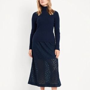 Old Navy Navy Lace Midi Skirt High Waist Lined Cotton Blend NWT Size L